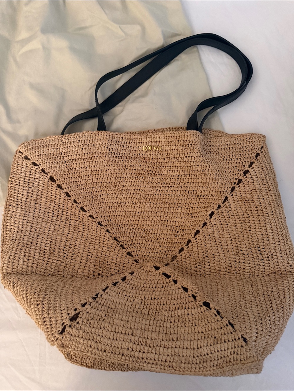 Tan Woven Tote with Black Straps